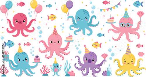 Cute cartoon octopus birthday party collection with balloons cake gifts fish bubbles and sea elements adorable underwater celebration characters vector illustration set