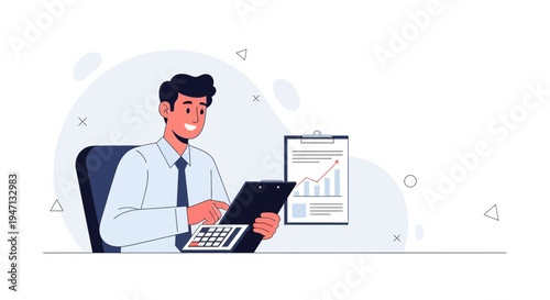 Business man calculating financial data with calculator and charts on clipboard