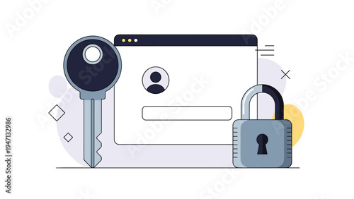 Cybersecurity concept featuring a digital login interface with a profile icon accompanied by a large key and a strong padlock.