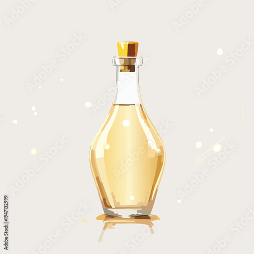 Elegant glass bottle with golden liquid and cork on a white background