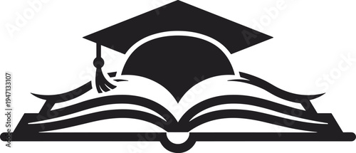 Black Silhouette Icon of an Open Book with Graduation Cap on White Background education learning