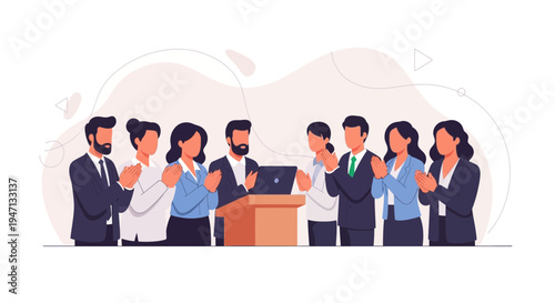 Business team applauding speaker at podium with laptops, celebrating success