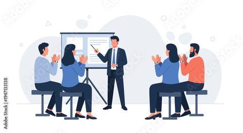 Business presentation success: speaker and clapping audience at whiteboard meeting