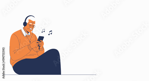 Elderly Man Listening to Music on Smartphone with Headphones, Relaxing