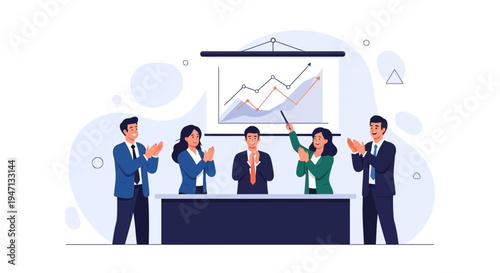 Business meeting: team applauds success with graph on screen