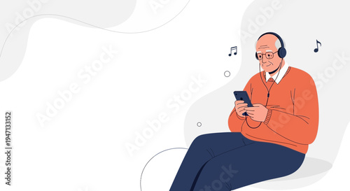 Elderly Man Listening to Music on Smartphone with Headphones, Relaxed Lifestyle