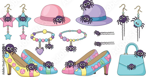 Cute spider fashion accessories collection with earrings bracelets hats high heels handbag and jewelry playful Halloween insect style cartoon vector illustration set