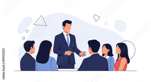 Business meeting with speaker presenting to diverse team in modern office