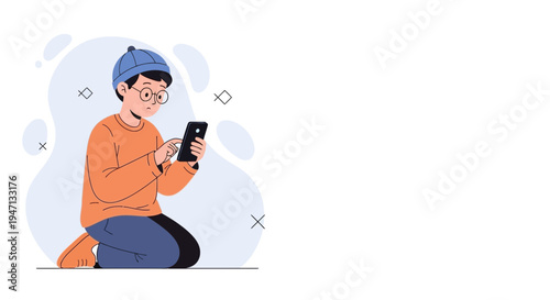 Boy in glasses and hat using smartphone, sitting on floor, flat design illustration