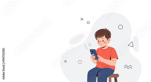 Boy engrossed in smartphone, abstract shapes, modern illustration