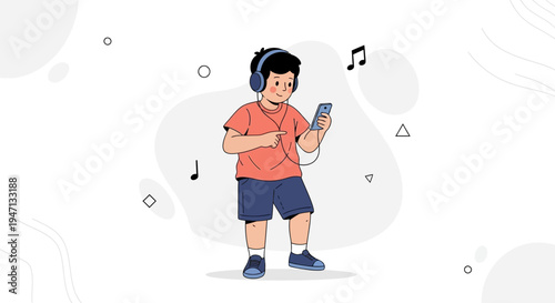 Boy Listening Music with Headphones and Smartphone, Dancing, Vector Illustration