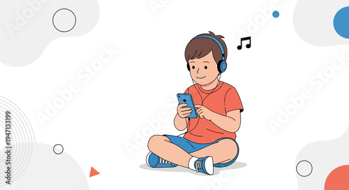 Boy Listening Music on Phone with Headphones, Sitting on Floor, Animated Style
