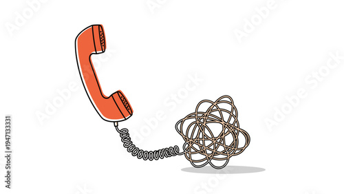 Vintage orange telephone receiver with its coiled black cord ending in a messy tangled knot symbolizing complex communication issues.