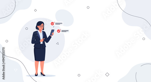 Businesswoman checking tasks on smartphone, modern flat illustration, checklist success