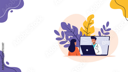 Young woman uses her laptop for a virtual medical consultation with a male doctor shown on the screen against floral background.