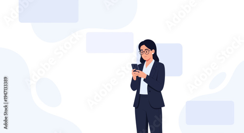 Businesswoman in Suit Texting on Phone with Chat Bubbles Background