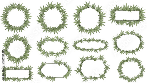 Set of twelve different circular and geometric frames made of green cannabis leaves for organic product labels and branding.