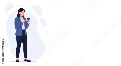 Businesswoman using smartphone, modern flat illustration, white background