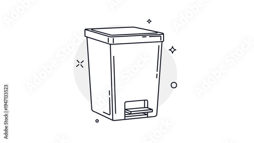 Line drawing of a rectangular office trash can with a foot pedal for opening the lid surrounded by subtle abstract star shapes.