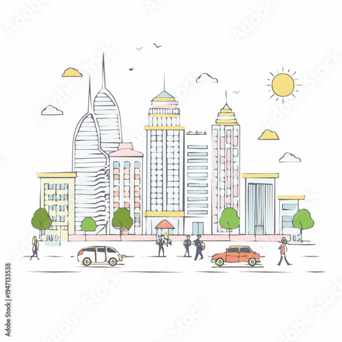 Cityscape illustration with skyscrapers cars and people against a white background