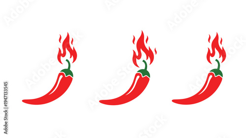 Set of three identical red chili peppers with bright orange flames coming from their stems representing spicy hot food.