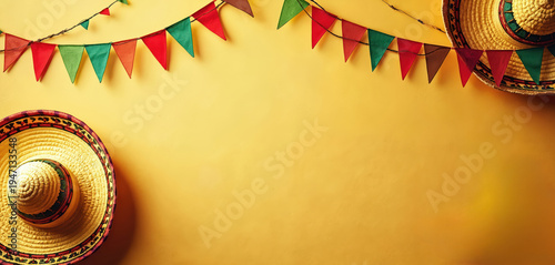 Mexican sombreros and festive colorful flags on yellow background. Celebrate Cinco de Mayo holiday event with traditional Mexican decor elements and party vibes. Copy space.