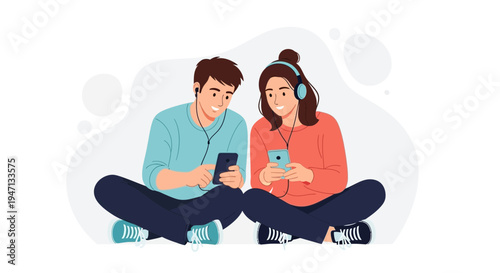 Couple listening to music on phones with headphones, sitting cross-legged
