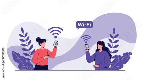 Two young women communicate with each other using smartphones while Wi-Fi signals and a Wi-Fi text box float in the background.