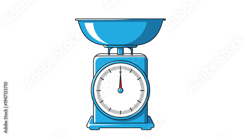 Blue mechanical kitchen weighing scales with a large bowl on top and a round dial with a red needle for measuring ingredients.
