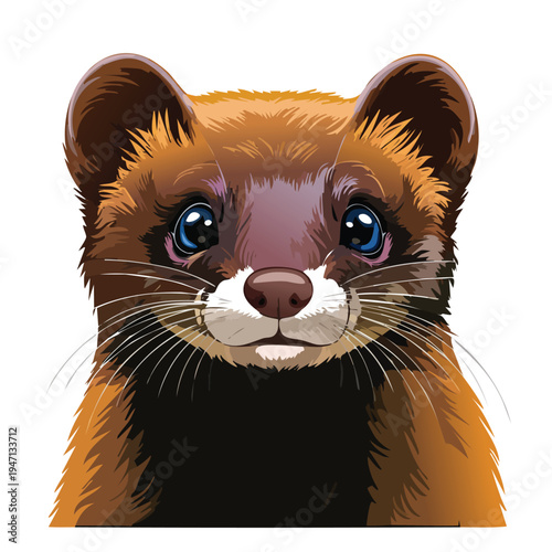 Close up portrait of a weasel in vibrant colors against a white backdrop
