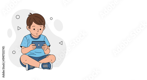 Cute Boy Playing Video Game on Mobile Phone, Sitting Cross-legged, Digital Entertainment