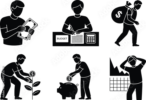Black silhouette icons illustrating financial concepts and money management Keywords: finance, money, budget, saving, investing
