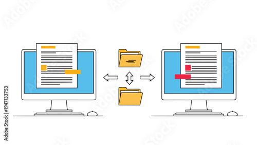 Data transfer concept featuring two desktop computers exchanging folders and digital documents through bi-directional arrows.