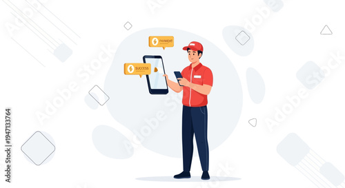 Delivery man using smartphone for online order and payment, receiving notifications