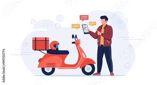 Delivery man using smartphone with scooter, online order and payment concept