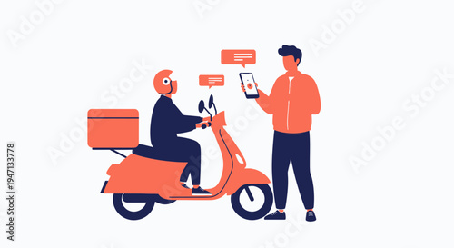 Delivery person on scooter with customer using smartphone for order tracking