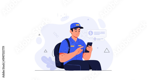 Delivery man with backpack using smartphone for online order tracking and payment