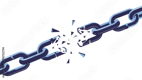 Thick blue metal chain shown at the moment of breaking and shattering into small fragments representing freedom and liberation.