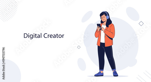 Digital Creator with Headphones and Smartphone, Modern Flat Illustration