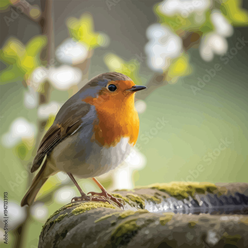 European robin bird on a mossy stone near water, with soft focus spring blossoms, captures a serene moment in nature, small bird, wild bird