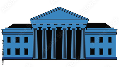 Blue colored illustration of a large neoclassical public building with a grand entrance featuring eight tall columns and a pediment.