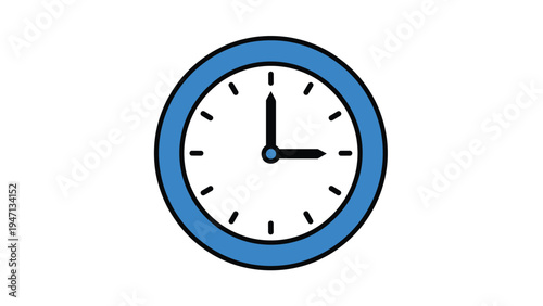 Simple blue wall clock with a white face and black hands pointing exactly to three o'clock with clear hour marks around the edge.