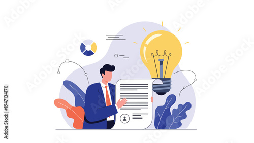 Professional businessman presents a legal document alongside a giant glowing lightbulb and a colorful business pie chart.