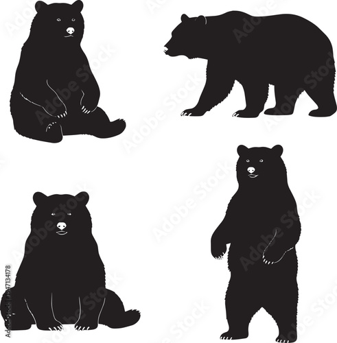 Four black bear silhouettes in different poses on a white background illustration