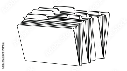 Row of four black and white outlined file folders arranged together to show a system for storing and archiving many documents.