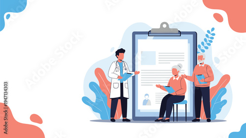 Caring male doctor in a white lab coat explains a detailed medical report to an elderly man and woman in a clinic.