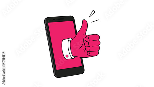 Large pink human hand giving a thumbs up gesture as it emerges from the screen of a black smartphone on a white background.