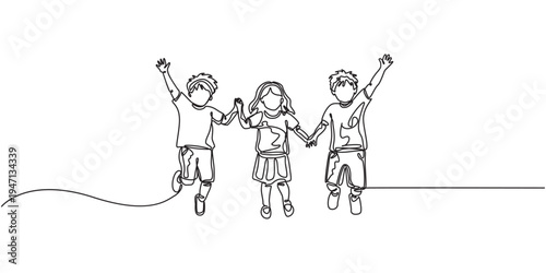 Continuous one line drawing of happy children jumping and holding hands, minimalist sketch in black on white background, Happy jumping children. Continuous line drawing. Vector illustration on white