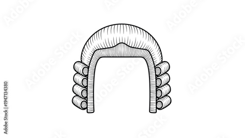 Detailed black and white engraving style illustration of a traditional formal barrister or judge's wig with many small curls.