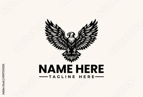 Black and white eagle logo illustration with outstretched wings and placeholder text on a beige background, featuring a vector design and icon style pictogram.